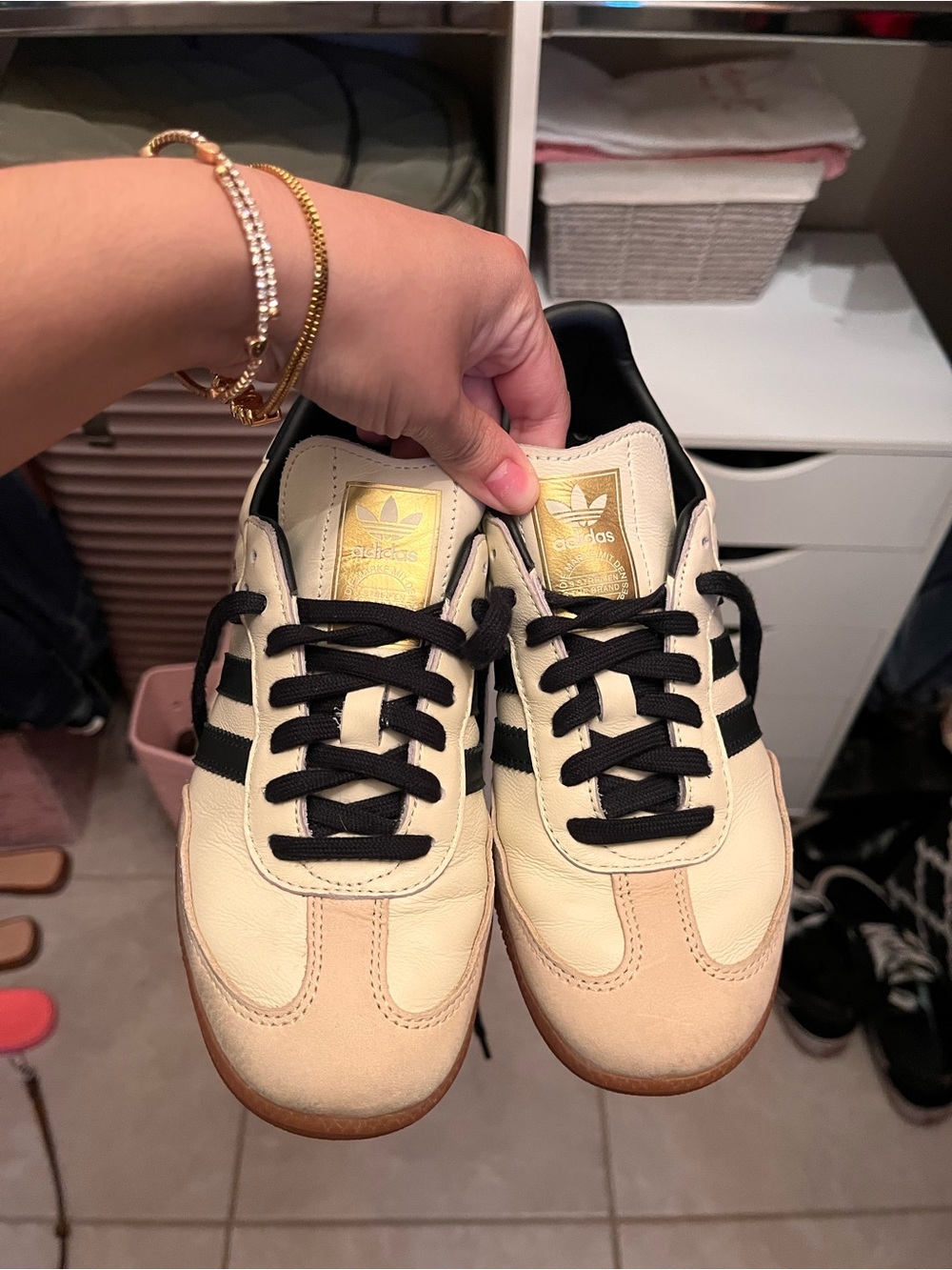adidas Cream and Black Samba Style Sneakers with Gold Tongue Logo